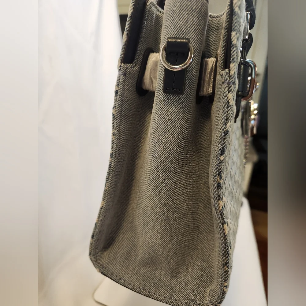 Michael Kors Hamilton Small Logo Embossed Washed Denim Satchel - Picture 6 of 13